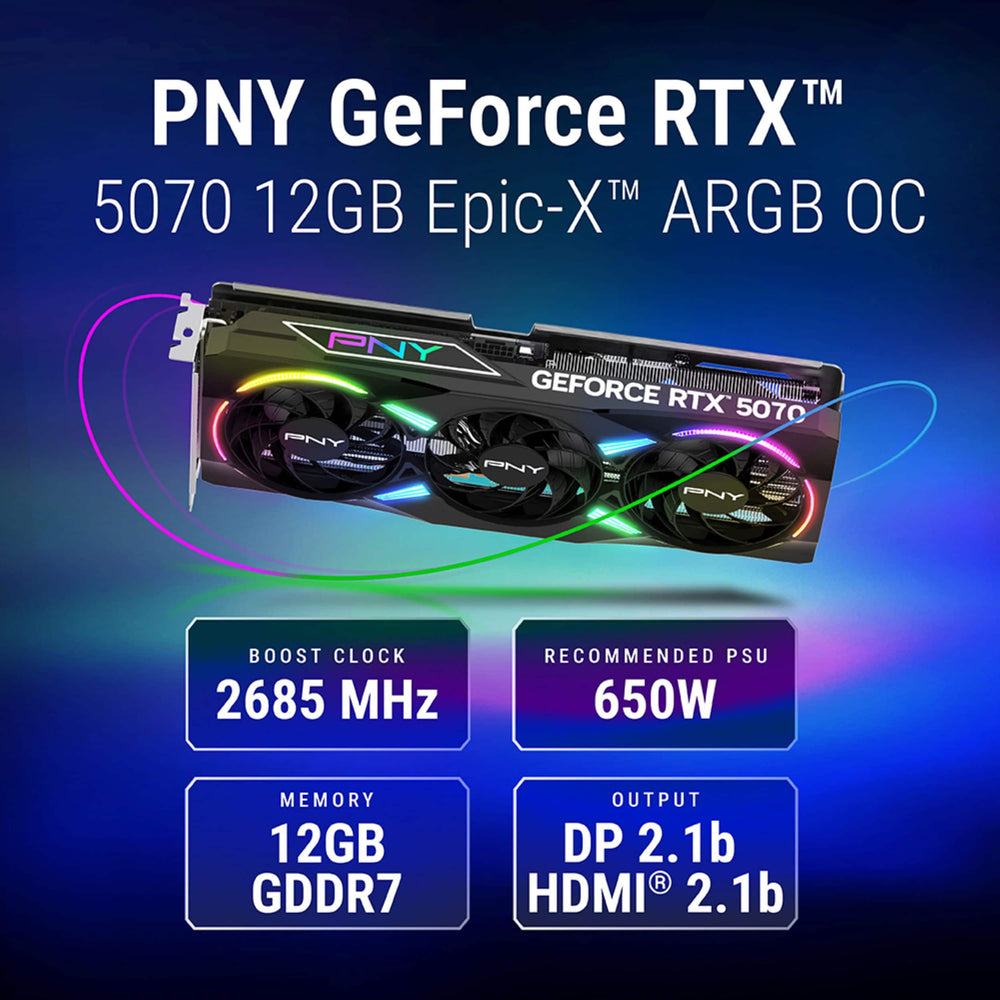 Tarjeta de Video PNY NVIDIA GeForce RTX 5070 Epic-X ARGB Overclocked 12GB GDDR7 - Negra