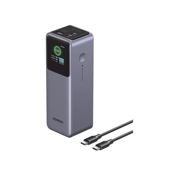 Power Bank de 25000mAh | 3 Salidas 200W Max. | USB-A + 2 USB-C | PD 3.0, QC3.0 | FCP | SCP | Pantalla Inteligente | Carcasa Ignifuga | Color Gris | Incluye Cable USB de 50cm | Carga tu Laptop de Manera Segura.