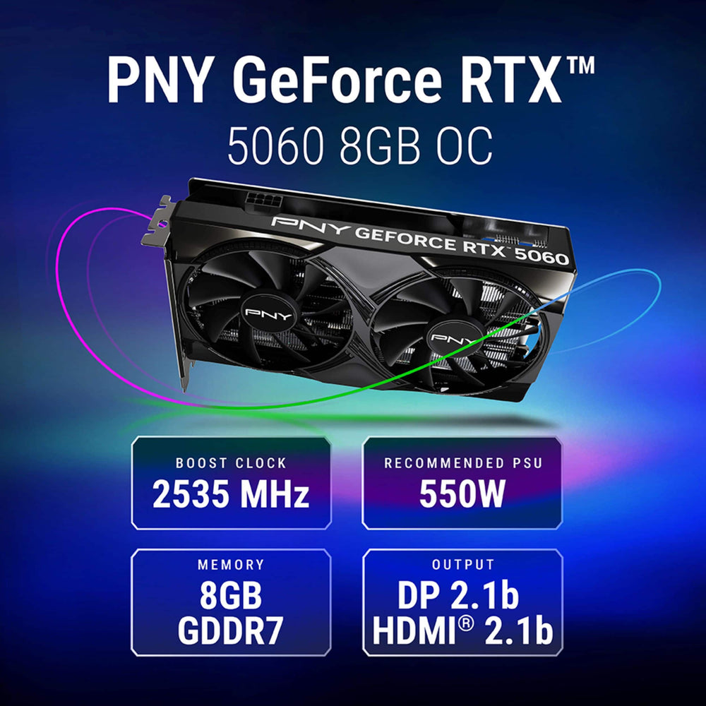 Tarjeta de Video PNY NVIDIA GeForce RTX 5060 Overclocked 8GB GDDR7 con Doble Ventilador