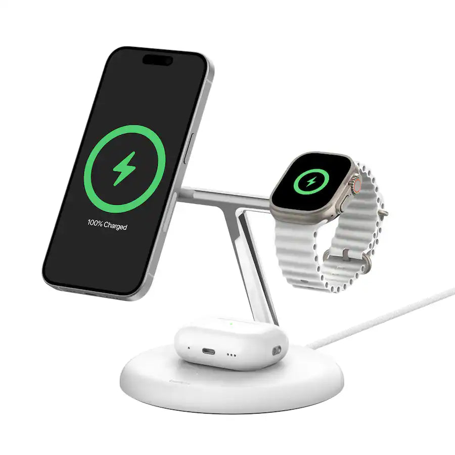 Belkin - Base de carga 3-en-1 con cargador inalámbrico Qi2 de 15W, carga rápida para iPhone 17, AirPods, Apple Watch y más (adaptador de 36W incluido)