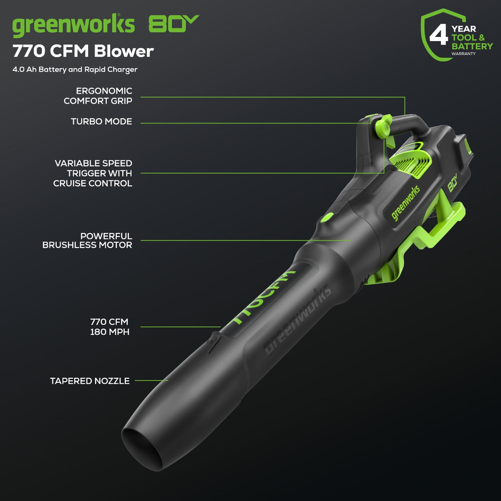 Sopladora inalámbrica Greenworks 80V 770 CFM con batería 4.0 Ah y cargador