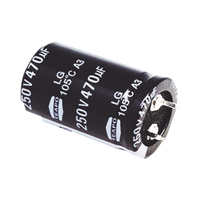 Capacitor Electrolítico de Aluminio, Radial de 470 µFd, 250 Vcc, 105 °C, 25 x 40 mm.
