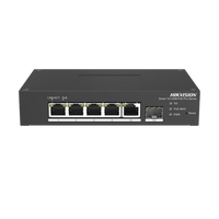 Switch PoE+ Industrial de Escritorio / Administrable / 4 Puertos 10/100 Mbps PoE+ / 1 Puerto 1000 Mbps Uplink / 1 Puertos SFP  /  Configuración Nube Hik-PartnerPro / Modo Extendido hasta 300 Metros / 60 Watts