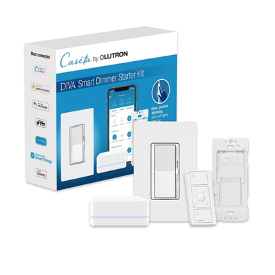 Kit de inicio Caseta Wireless con hub, atenuador de pared Diva de 150 W LED o 600 W incandescente sin neutro, control Pico, tapa y adaptador de pared, compatible con Apple HomeKit
