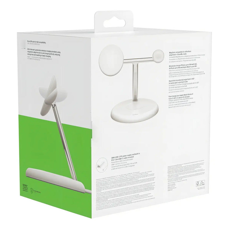 Estación De Carga Inalámbrica 3 En 1 Belkin Qi2 De 15w Para iPhone Y Apple Watch, Blanco