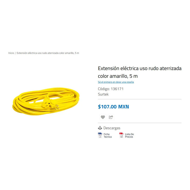 Extensión Eléctrica Uso Rudo Aterrizada 5m Surtek136 7 /v Amarillo