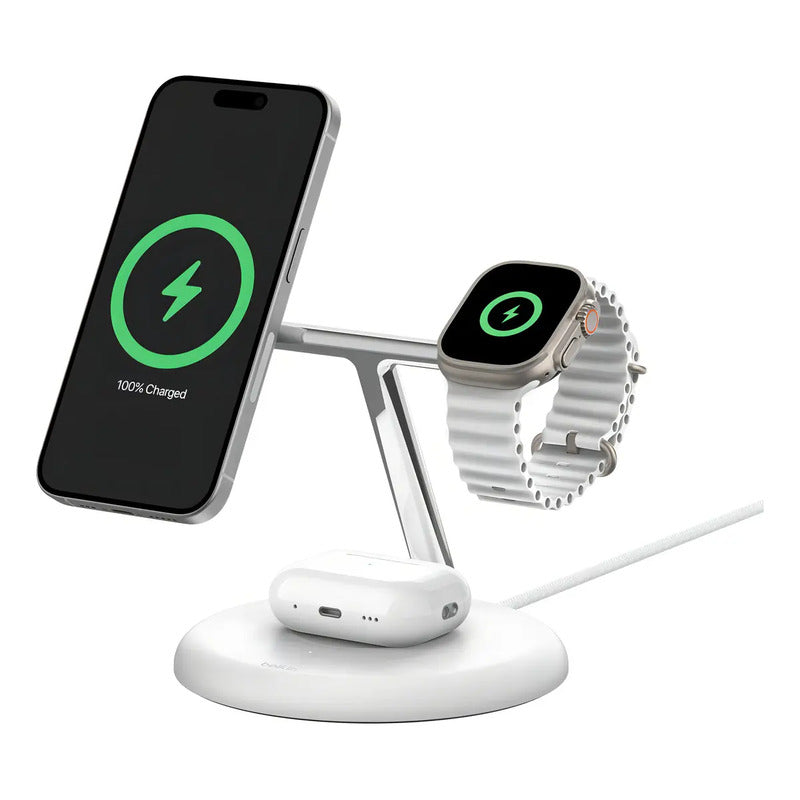 Estación De Carga Inalámbrica 3 En 1 Belkin Qi2 De 15w Para iPhone Y Apple Watch, Blanco