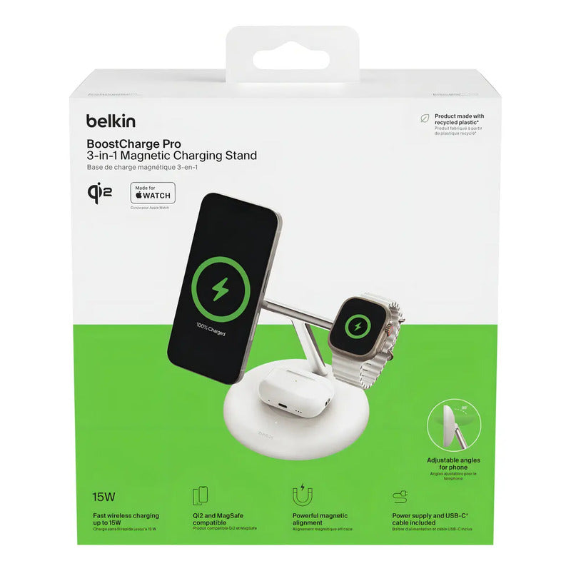 Estación De Carga Inalámbrica 3 En 1 Belkin Qi2 De 15w Para iPhone Y Apple Watch, Blanco