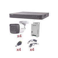 KIT TurboHD 1080p / DVR 4 Canales / 4 Cámaras Bala (exterior 2.8 mm) / Transceptores / Conectores / Fuente de Poder Profesional