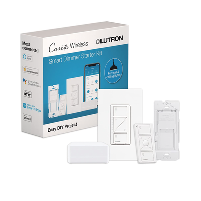 Kit de inicio Caseta Wireless con hub Smart Bridge, atenuador de pared, control Pico y placa Claro para controlar la iluminación desde la app Lutron