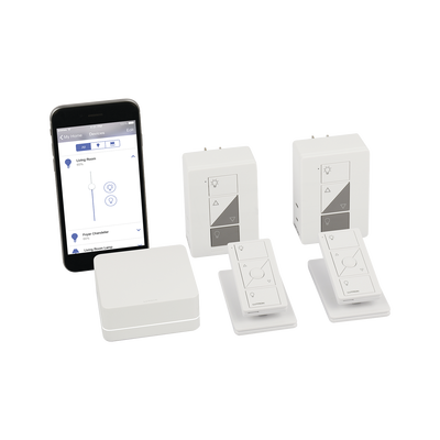 Kit de inicio Caseta Wireless: Smart Bridge, 2 atenuadores de clavija para lámparas, 2 controles Pico y 2 bases de mesa, compatible con Alexa, Apple HomeKit y Google