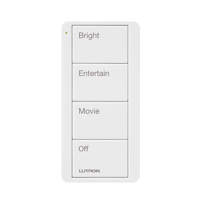 Control Pico inalámbrico de 4 botones con escenas grabadas para sala (Bright, Entertain, Movie y Off), compatible con Caseta Wireless y RA2 Select, blanco brillante