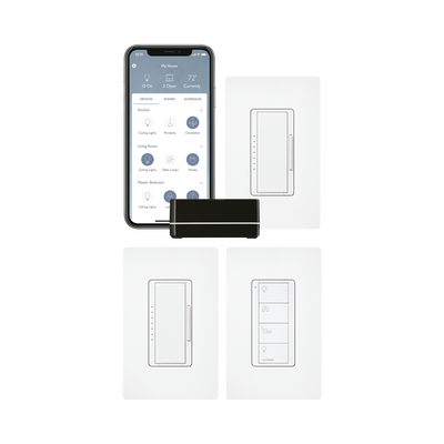 Kit de inicio RA2 Select con repetidor principal, 2 atenuadores de pared, control Pico con adaptador de pared y 3 placas de pared, para control inteligente de iluminación
