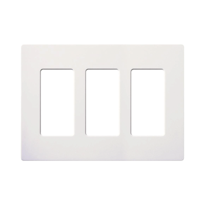 Placa de pared de 3 espacios sin tornillos visibles en acabado Snow satinado, compatible con atenuadores e interruptores Lutron Maestro, Diva, Claro y controles Pico