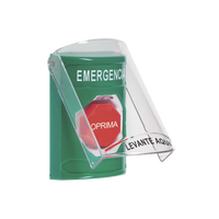 Botón Multipropósito, Color Verde, De Superficie, Con Tapa De Policarbonato, Con Bocina Pre Alarma, Solo Interior, Llave Para Restablecer, Texto De Emergencia, Español