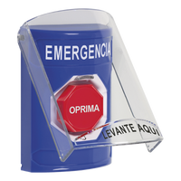 Botón Multipropósito, Color Azul, De Superficie, Con Tapa De Policarbonato, Sin Bocina Prealarma, Para Interior, Girar Para Restablecer, Texto De Emergencia, Español