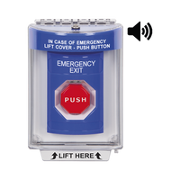 Botón De Salida De Emergencia Con Bocina De Advertencia Integrada, Interior/Exterior, Texto En Ingles, Tapa Protectora De Policarbonato Súper Resistente, Neumático