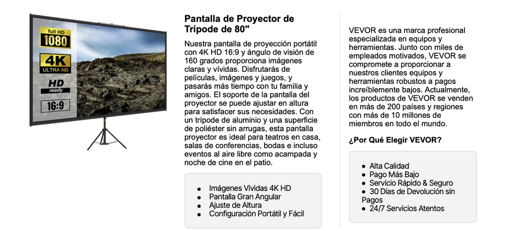 VEVOR Pantalla para Proyector 80