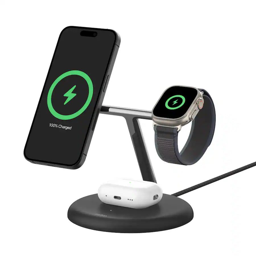 Belkin - Base de carga 3-en-1 con cargador inalámbrico Qi2 de 15W, carga rápida para iPhone 17, AirPods, Apple Watch y más (adaptador de 36W incluido)