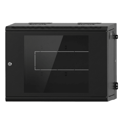 Gabinete Rackeable / 09 Unidades / Pared 19 Pulgadas / Puerta de Cristal / Acero Calibres 18-22 / Carga 80 kg / Dimensiones 634x632x468 mm (25x24.9x18.4 in) / Abatible 120° / Ventilación