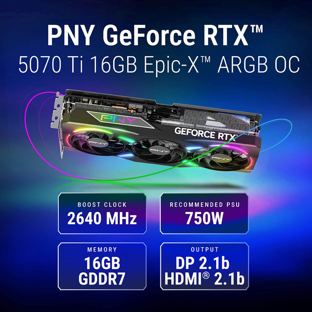Tarjeta de Video PNY NVIDIA GeForce RTX 5070 Ti Epic-X ARGB Overclocked 16GB GDDR7 - Negra