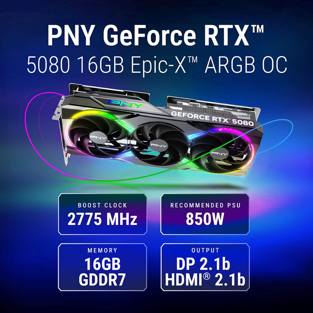 Tarjeta de Video PNY NVIDIA GeForce RTX 5080 Epic-X ARGB Overclocked 16GB GDDR7 - Negra