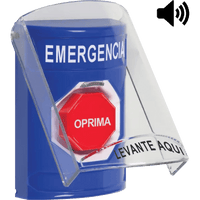Botón Multipropósito, Color Azul, De Superficie, Con Tapa De Policarbonato, Con Bocina Pre Alarma, Solo Interior, Llave Para Restablecer, Texto De Emergencia, Español