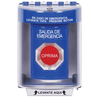 Botón Multipropósito, Color Azul, De Superficie, Con Tapa De Policarbonato, Sin Bocina, Para Interior/Exterior, Llave Para Restablecer, Texto Salida De Emergencia, Español