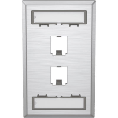 Placa de Pared Vertical, de Acero Inoxidable, Salida Para 2 Puertos Mini-Com, Con Espacios Para Etiquetas