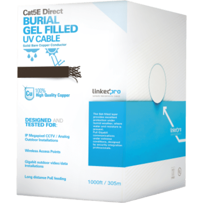 Bobina de Cable de 305 Metros (1000 Pies), Cat5E, con Gel, para Intemperie, Doble Forro Extrema Humedad, Bajo Tierra, UL, Color Negro para Aplicaciones en Video Vigilancia, y Redes de Alta Velocidad.