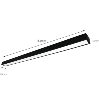 Panel LED Suspendido 22 W / 127 Vca~60Hz / Flujo luminoso 1 980 lm / Medidas 1182 x 70 x 45 mm  / TCC 6 500 K / Ángulo de Luz de 140°.