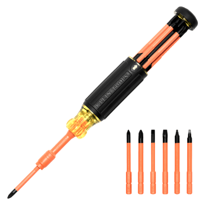 Destornillador Aislado 6-en-1 Auto-Lock / Aislado 1000V CAT III / Almohadilla de agarre / Almacenamiento de brocas integrado / Bits Philips #1 #2 / Slotted 3/16