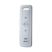 Control remoto 5 canales para motores de persiana Somfy con señal inalámbrica, instrucciones: sube, baja y detener, con posición favorita programada.