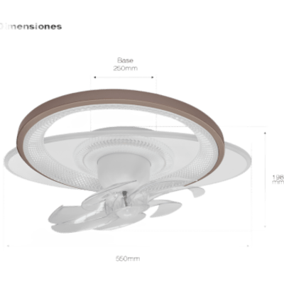 Ventilador de Techo con Luminario LED de 110 V CA 50/60 Hz /  88 W / 3 Tonos de Luz (6500 - 4 000 - 2 700 K) / Con giro 360° / Diámetro 550 mm / 6 Velocidades / Dimeable.