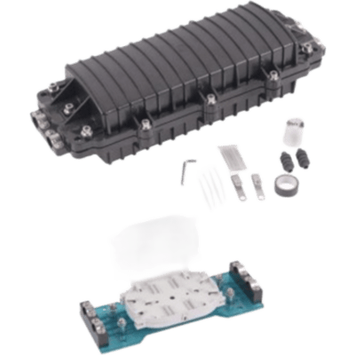 Caja de Distribución de Fibra Óptica Horizontal, Hasta 96 Empalmes, Exterior IP68, 2 Puertos de Entrada y Salida