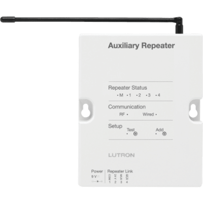 Repetidor auxiliar para ampliar el alcance de radiofrecuencia del sistema RadioRA 2 en aplicaciones grandes, exteriores y entre edificios, inalámbrico o con enlace RS485