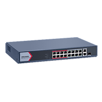 Switch PoE+ / Monitoreable / 16 Puertos 10/100 Mbps PoE+ / 2 Puertos 1000 Mbps Uplink / 1 Puerto SFP Uplink / Modo Extendido hasta 300 Metros / 130 W
