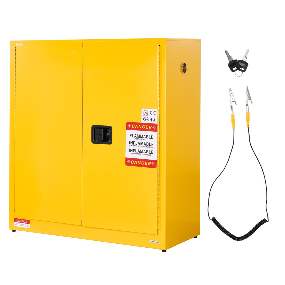 VEVOR Gabinete para Líquidos Inflamables 29 Gal, Acero Laminado en Frío y Galvanizado, 109 x 46 x 118 cm, 2 Entrepaños Ajustables, 2 Puertas, Amarillo