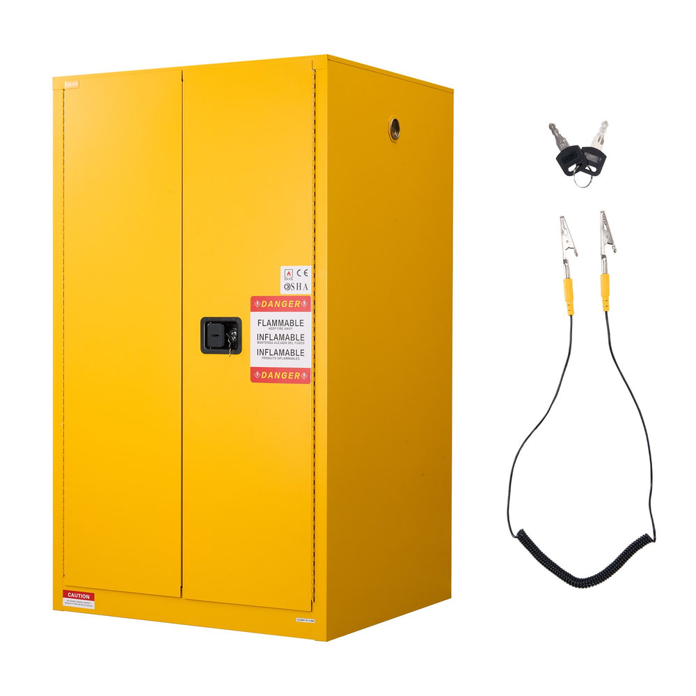 VEVOR Gabinete para Líquidos Inflamables 65 Gal, Acero Laminado en Frío y Galvanizado, 96 x 86 x 165 cm, 2 Entrepaños Ajustables, 2 Puertas, Amarillo